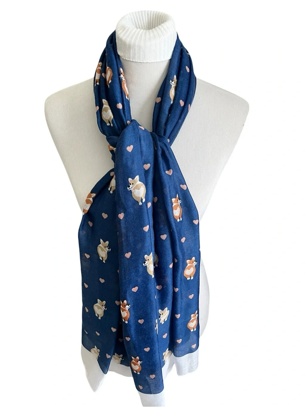 G.H. Bass & Co. Navy Scarf Wrap Shawl with Pink Hearts & Corgi Dog Print